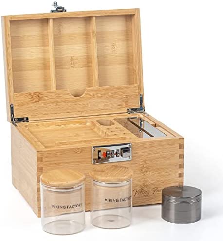 Large Bamboo Box with Combination Lock, Home Decorative Box Locking, Tray | Glass Jars | Accessory Tool (Grid)