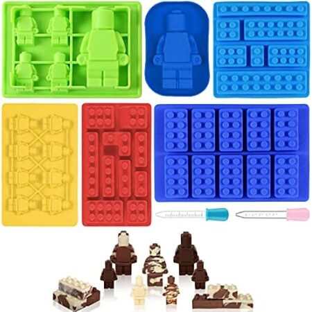 6Pcs Silicone Molds Building Brick Candy Robot Mold Chocolate Mold Set Silicone Block Mould with 2 Droppers for Making Melted Chocolate Fondant Jelly Dome Mousse