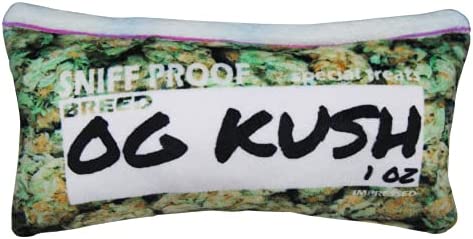 Bag-O-Weed OG Kush Ounce of Weed Parody Zip Bag - Heavy Duty Plush Dog Toy with Squeaker- Funny Print Pet Chew Toy - Stoner Gift for Small Medium and Large Dogs