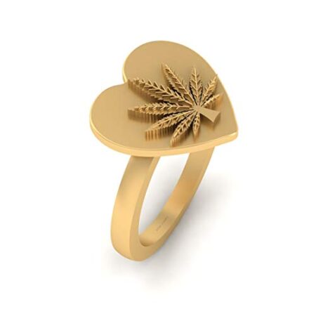 Cannabis Leaf Wedding Ring Heart Base Marijuana Ring Solid 14k Yellow Gold Stoner Ring