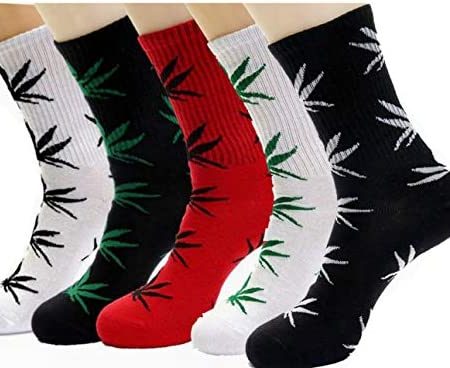 Lifevv 5 Pairs Unisex Marijuana Weed Leaf Cotton Athletic Sports Marijuana High Crew Socks for Men&Women