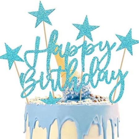 MOVINPE 2 Set Blue Cake Decoration, Happy Birthday Banner, Star Cake Toppers for Boy Men for Birthday Party Favor