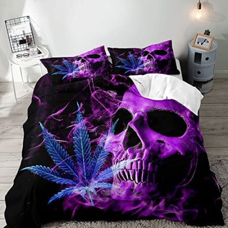 VIVIHOME 3PCS Purple Skull Bedding Set, Duvet Cover Queen, Weed Leaf Cannabis Marijuana Bedding, Gothic Bedding, Quilt Comforter Cover, Cool Room Decor, Teen Boys Bedroom Decor for Men, 2 Pillowcases